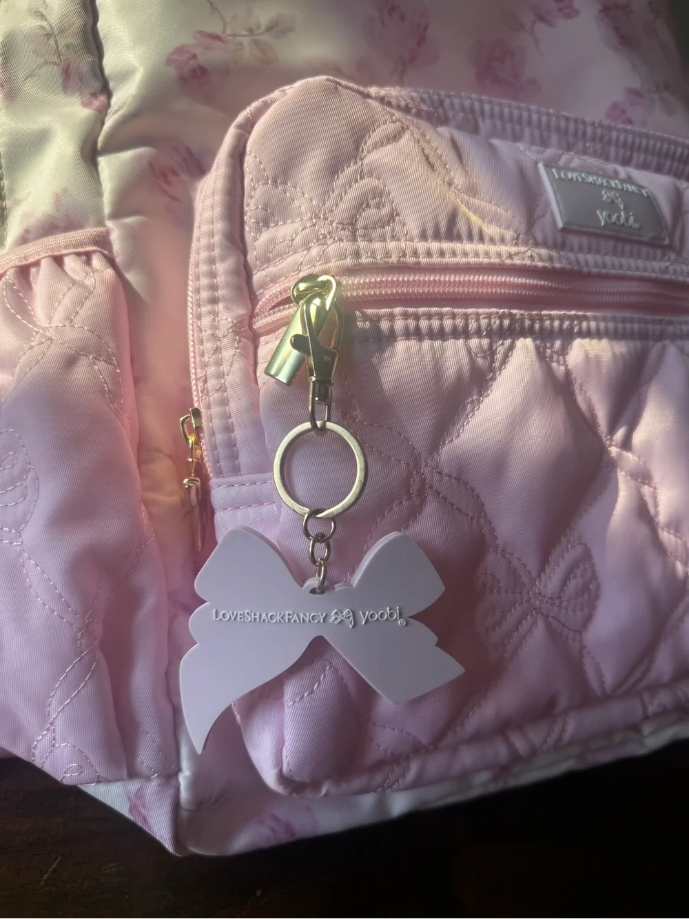 LoveShackFancy Light Pink Floral Quilted Kids Backpack with Bow Charm